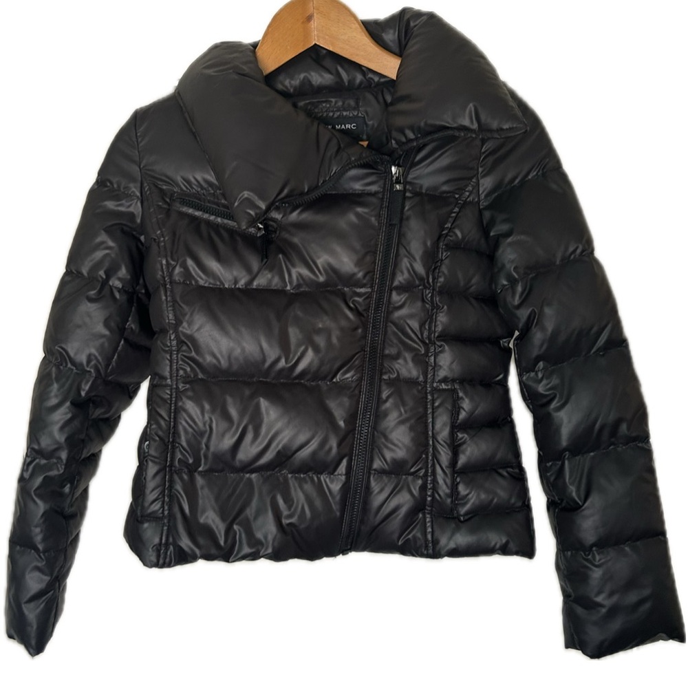 Girls Andrew Marc Black Asymmetrical Puffer Coat.